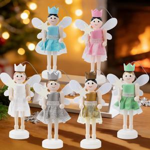 Joliyoou Set of 6 Fairy Nutcracker Ornaments, 5 Inch Each Christmas Tree Hanging Decorations with Ballet Princess Figures, Multicolored Wooden Xmas Ornaments for Home Holiday Decor
