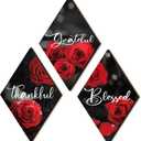 Lewtemi 3 Pcs Thankful Grateful Blessed Wooden Signs Rose Wooden Wall Decor Farmhouse Kitchen Art Decor Inspirational Wall Art Signs for Room Front Door Home,11"x7"(Red Rose)