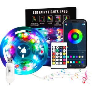 ORALUCE Smart Fairy Lights with IR Remote Plug in, IP65 33Ft 100 LED Fairy Light for Bedroom USB Bluetooth APP Control, RGB Color Changing Outdoor String Lights, Music Sync Twinkle for Outdoor Party