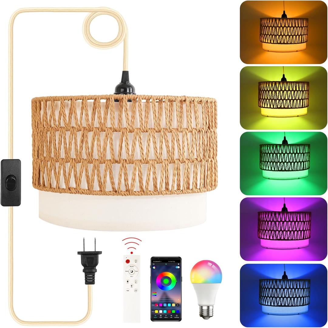 Plug in Hanging Lamp with RGB Smart Bulb Plug-in Cord Pendant Light with 15ft Cord Fixture Pendant Lights for Bedroom Kitchen Living Room Dining Room
