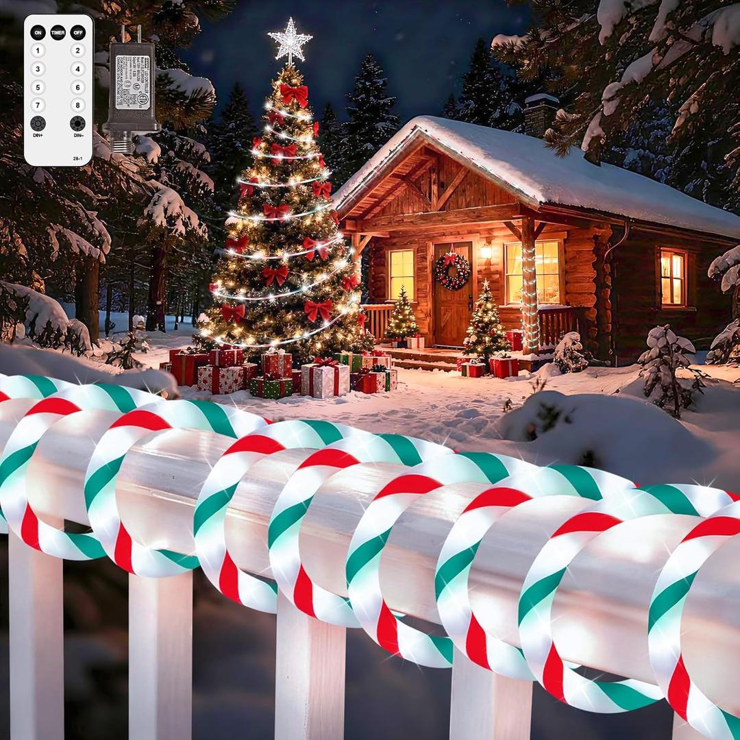 HELESIN 101FT 620LED Candy Canes Rope Lights with 8 Lighting Modes, Christmas Candy Cane Lights Waterproof Christmas Lights Decoration for Party Garden Yard Halloween Holiday Tree Decoration (Red White Green)