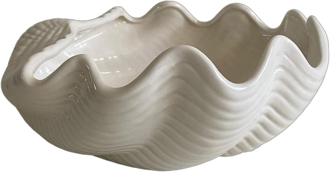Classic Cream Textured Shell 11 inch Ceramic Large Decorative Bowl