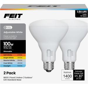 Feit Electric BR30 LED Light Bulb, 100W Equivalent, Dimmable, 5CCT, E26 Medium Base, 90 CRI, 1400 Lumens, Adjustable White, 15.5 Years Lifetime, 2 Pack, BR30100DM5CCTCA15K/2