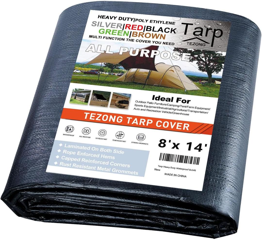 Tarps Heavy Duty Waterproof 8x14ft,TEZONG Black Tarp 12MIL Plastic Tarpaulin Outdoor Tarp Cover for Emergency Rain,Patio Furniture,Wood,Roof,Camping,Car,Pool