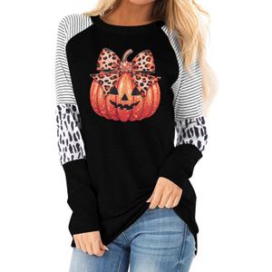 Graphic Shirts Women Pumpkin T Shirt Grateful Blessed Print Long Sleeve Blouse Leopard Striped Fall Tee (S)