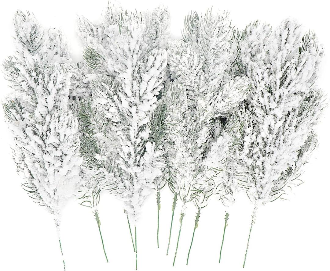 Kesywale 10PCS Frosted Artificial Pine Needles Branches 10.6" Christmas Fake Snowy Pine Picks Twigs Winter Sprays Greenery Stems for Xmas Tree Garlands Decor (White)