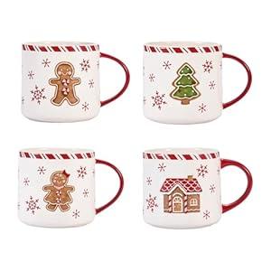 Bico Traditional Gingerbread Man Ceramic Mug Set of 4, Christmas Coffee Mugs, 19oz Holiday Cups for Tea, Cocoa, or Hot Drinks, Microwave & Dishwasher Safe