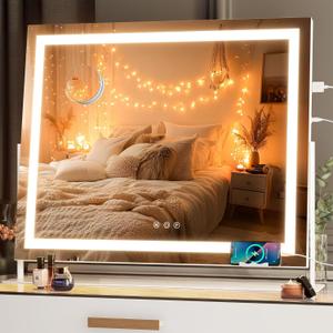 Hasipu Vanity Mirror with Lights, 25.6" x 21.3" LED Makeup Mirror, Light up Mirror with 10X Magnification and Phone Holder, USB Charging Port, Smart Touch 3 Colors Dimmable, 360 Rotation (White)