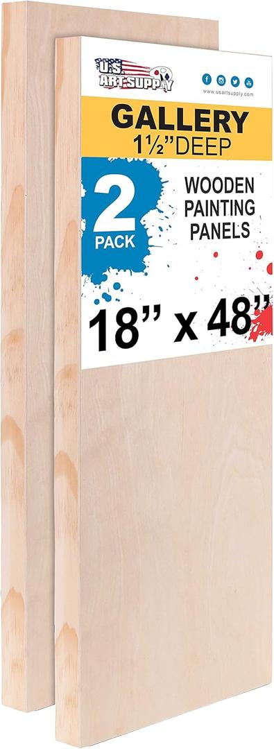 U.S. Art Supply Unfinished Cradled Wood Panels for Painting, 2 Pack of 18x48 inch - Gallery Birch Wooden Canvas Boards 1-1/2" Deep - Mixed-Media Craft, Acrylic, Oil, Encaustic, Paint Pouring (18" x 48")