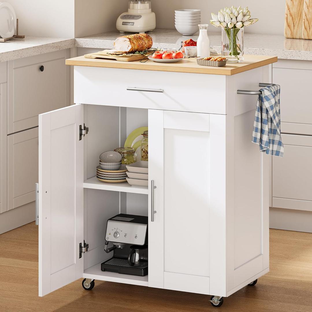OtterOasis Kitchen Island Cart with Storage, Small Kitchen Island on Wheels with Large Drawer, Adjustable Shelf & Towel Rack, Rolling Island Table for Kitchen & Dining Room, White