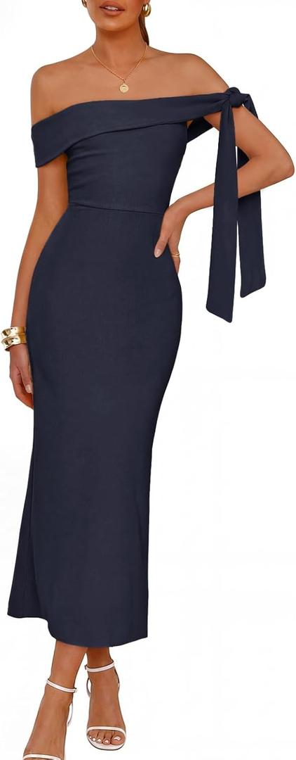 MEROKEETY Women's Summer Off The Shoulder Dress 2026 Bodycon Wedding Guest Cocktail Formal Party Maxi Dresses (Blue, M)