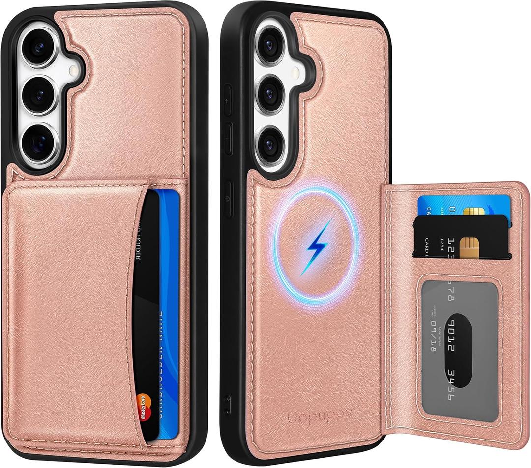 Uppuppy for Samsung Galaxy S25Plus/S24Plus Case with Wallet - Fits 4 Card Slots, Compatible with MagSafe for Women Leather Credit Card Holder Kickstand Cover for Samsung S25Plus/S24Plus, Rose Gold