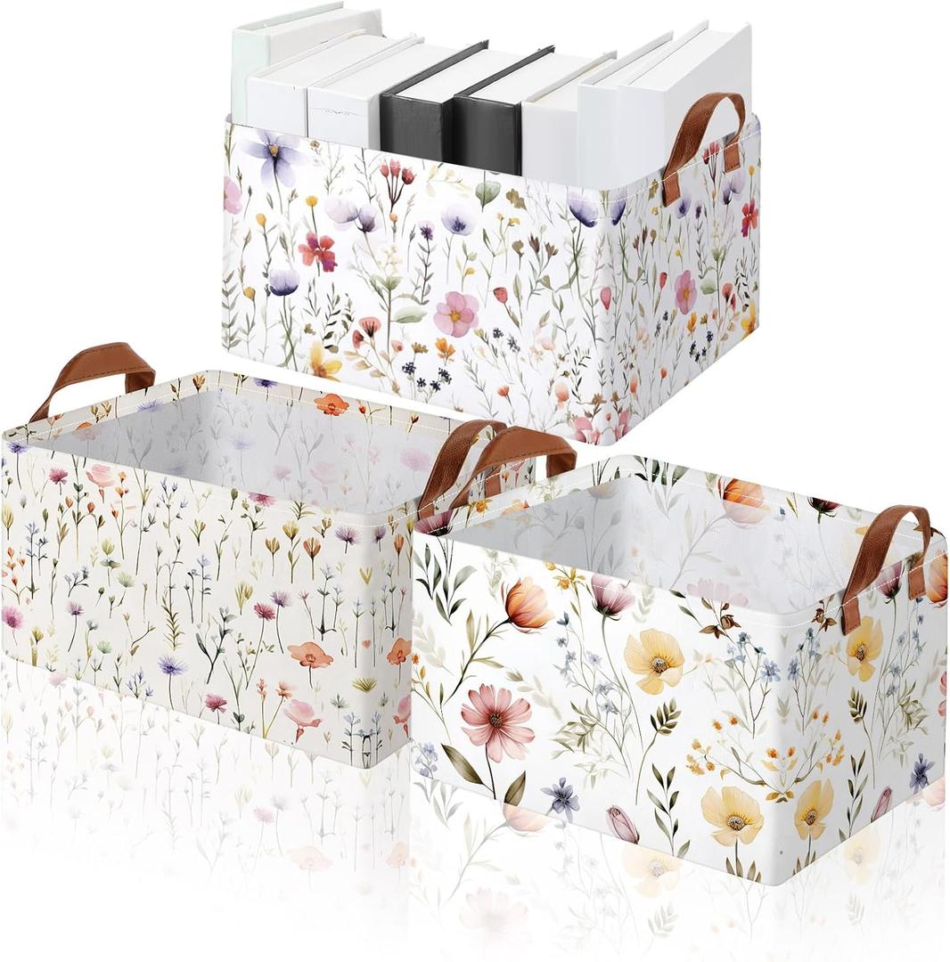 Boao 3 Pcs Wildflowers Storage Bin Wildflowers Collapsible Large Storage Baskets for Gifts Canvas Laundry Basket Foldable Box with Handle for Office Home Bedroom Clothes (15 x 11 x 8 Inches)