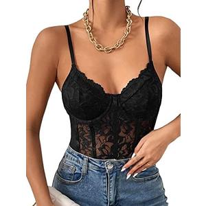 Milumia Women's Sexy Floral Lace Sheer Mesh Corset Bodysuit Spaghetti Strap Cami Tops Going Out Size M