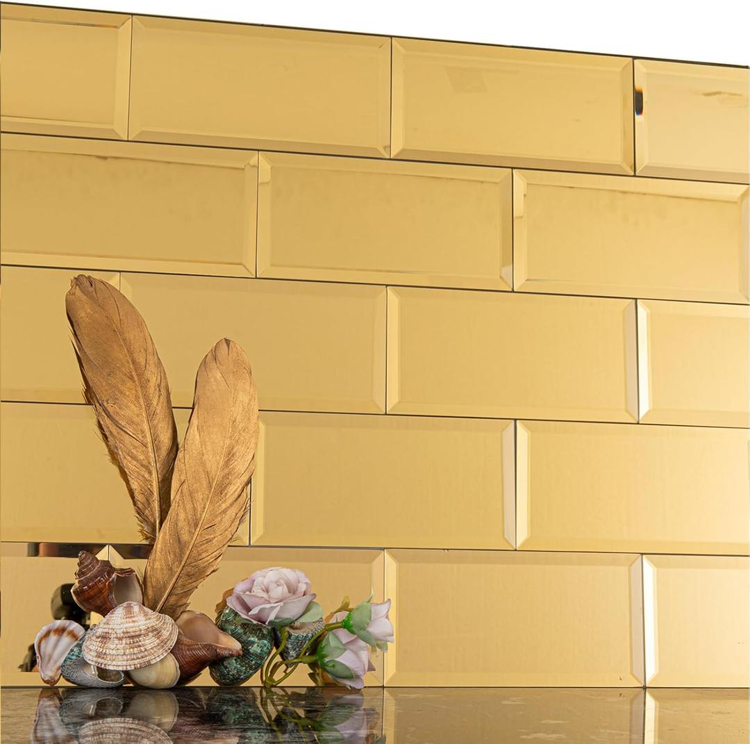 Lovdeco Peel and Stick 3x6 Inch Beveled Gold Mirror Tile Subway Mirror Glass Backsplash for Kitchen Bathroom Wall (40 Pcs, 5 SQ.FT.)