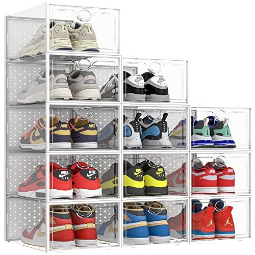 Pinkpum XXL Larger Shoe Storage Boxes Fit Size 14, Clear Plastic Stackable Shoe Organizer 12 Pack Sneaker Storage for Sneakerheads Shoe Containers