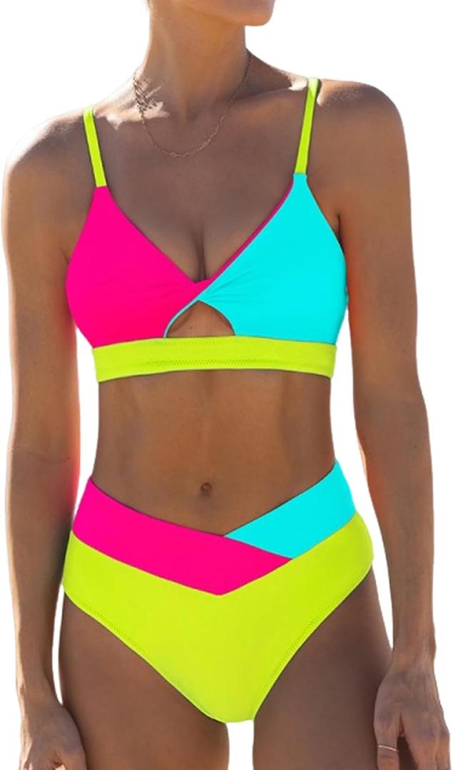 Sexybody Women' s Neon Color Block Bikini V Cut Two Piece Swimsuits High Waisted Cut Out V Neck Bathing Suit Crisscross Back (Large, 188 Multi Color)