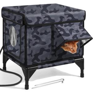 Outdoor Heated Cat House in Winter,Extremely Insulated & Weatherproof,Elevated Feral Cat Shelter with Waterproof Eaves & Escape Door for Outside Stray Barn Cat (Dark Camo,S) (16.5"L x 12.6"W x 17.7"H)