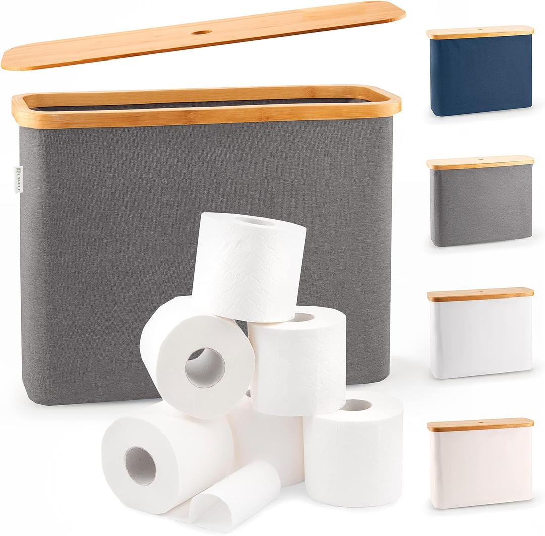 LONBET Toilet Paper Storage for 12 Rolls, Stackable & Foldable - The Ultimate Bathroom Organizer - Waterproof Basket with Bamboo Lid - Elegant Toilet Paper Storage Holder, Gray 