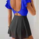 Women's One Piece Ruffle Swimsuit Sexy Mesh One Piece Swim Dress Tummy Control V Neck Swimwear (Royal Blue and Black)