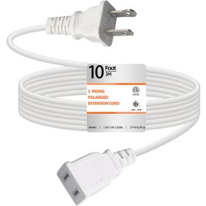 10 Feet Extension Cord White Flat Thin Flexible 2 Prong Long Polarity Power Cord 1250W 10A for Indoor Outdoor Use with Single Outlet for Holiday Lights, Lamps, Cameras, Appliance ETL Listed (1 Pack)
