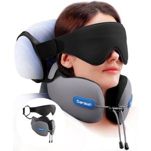 SARISUN Travel Neck Pillow for Airplane with Head Support Strap and 3D Eye Mask, Dual Density Foam Neck Support Airplane Travel Pillow for Long Flights/Car Road Trips/Office Naps, Grey