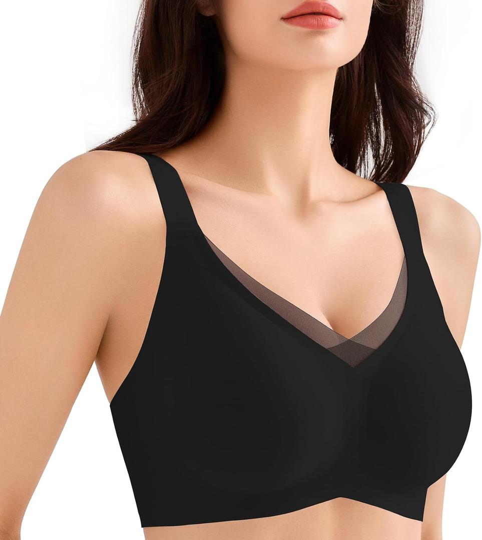 Seamless Bras for Women Wirefree, V Mesh Comfortable Bralette No Underwire Push Up Everyday Bras Wireless T-Shirt Bra (Medium, Black)
