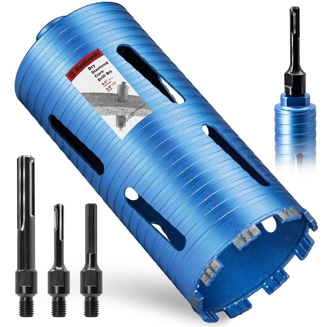 4 1/2" Dry Core Drill Bit, 5/8"-11 Thread, with 3 Adapters Included: SDS Plus, SDS Max and 1/2" Hex Shank; 9.5" Drilling Depth Diamond Core Bits for Brick, Block, Concrete, Stucco, Masonry