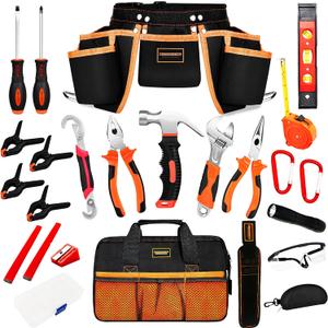 25 Pieces Kids Real Tool Kit Children Real Tool Set with Real Hand Tools, Kids Tool Belt, Pouch Bag, Magnetic Wristband for Small Hands DIY Woodworking Projects Home Repair
