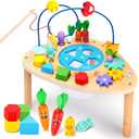 wingyz Activity Table for 1+ Year Old, 6 in 1 Wooden Montessori Activity Center Play Table with Bead Maze Shape Sorter Fishing Game, Kids Sensory Educational Toddler Learning Toys (Multicolor-triangle)