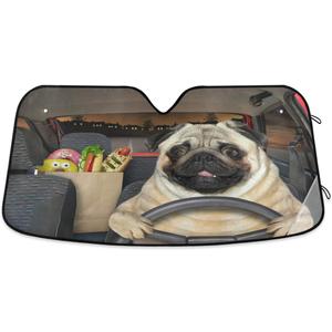 Fun Pug Dog Driving Car Windshield Sun Shade Foldable UV Ray Sun Visor Protector Sunshade to Keep Your Vehicle Cool (55" x 27.6") (multi 14)
