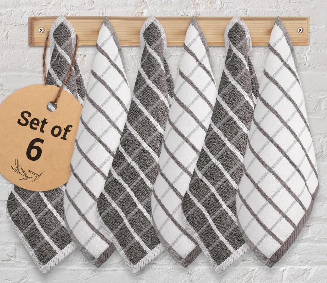 Urban Villa Dish Cloths Terry Cotton Pack of 6, Highly Absorbent Quick Drying Super Soft Premium Dish Towels for Kitchen with Hanging Loop Hand & Tea Towels - 12x12 Inch, (Grey & White, Checks)