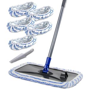 Masthome Extra Large Microfiber Mop for Floor Cleaning, 16 Flat Mop with 5 Pad for Wet & Dry Use, Dust Mop for Hardwood Laminate Tile Ceramic, 1 Cleaning Scraper Included-Blue