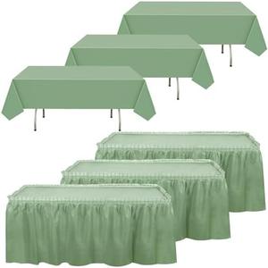 Oudain 6 Pcs Plastic Table Skirts and Stain Proof Table Cloths 54 x 108 in Plastic Tablecloth 168 x 29 in Disposable for Wedding Baby Shower Valentine Easter Party(Sage Green)