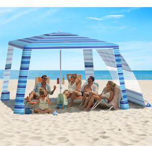 Rhino Valley Beach Cabana, 8 * 8FT Beach Tent UPF50+ Protection, Easy Setup Beach Canopy Wind Resistant with Cup Holder, Compact Beach Shade Foldable Beach Tent Sun Shelter, Blue Four Stripes