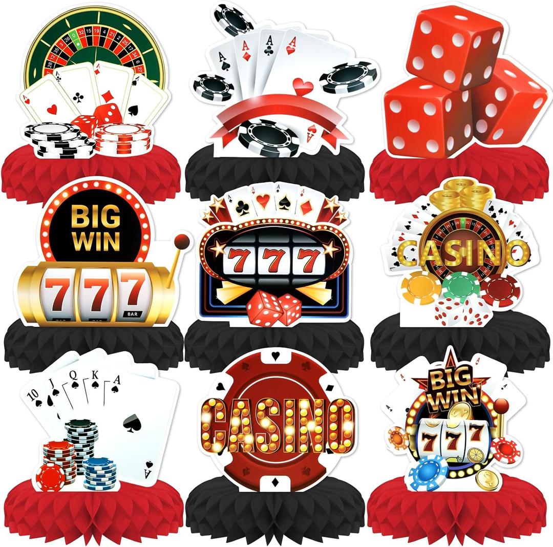 Casino Theme Party Decorations,9 PCS KSKSPE Casino Centerpieces for Tables Honeycomb Centerpieces 3D Casino Theme Party Decor Supplies Boys Girls