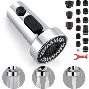 Kitchen Faucet Head Replacement with 15 Adapters, 3 Function Pull Down Kitchen Faucet Spray Head, Pull Out Kitchen Sink Tap Sprayer Nozzle, Chrome, Plastic