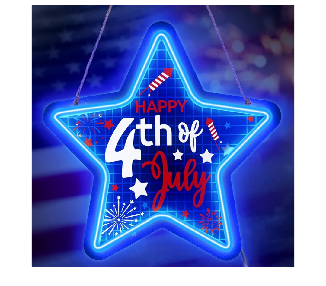 Patriotic Star Door Sign Happy 4th of July Wood Door Hanger 11 Inch Red White Blue Door Hanging Decorations USB Powered Independence Day Wreath Wall Neon Lights for Home Window Porch