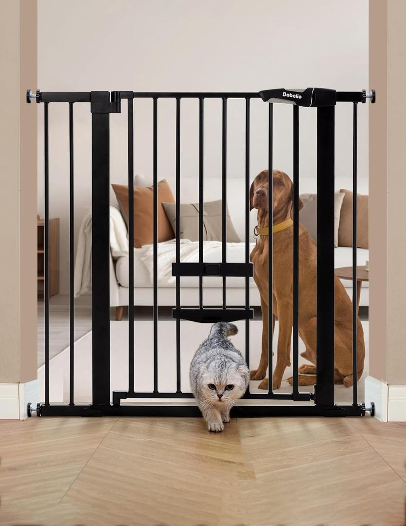 BABELIO 36 Inch Extra Tall Baby Gate with Cat Door, 29.5-40" Metal Pet Door for Stairs, Doorways, House, Auto Close, Easy Walk Thru, Black