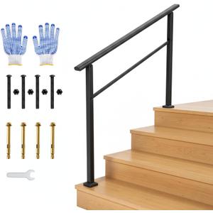 Garvee Outdoor Handrail for Steps, 4 Step Stair Handrail & Indoor Stair Railing Kit, Black Aluminum Railing with Iron Poles for Outdoor Indoor Steps & Porch, Includes Gloves (1 Pack)