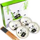 Cute Ceramic Rice Bowl Set with Bamboo Design and Chopsticks Set of 4, Durable Asian Tableware for Soup, Ramen, Cereal & Salad, Microwave Safe
