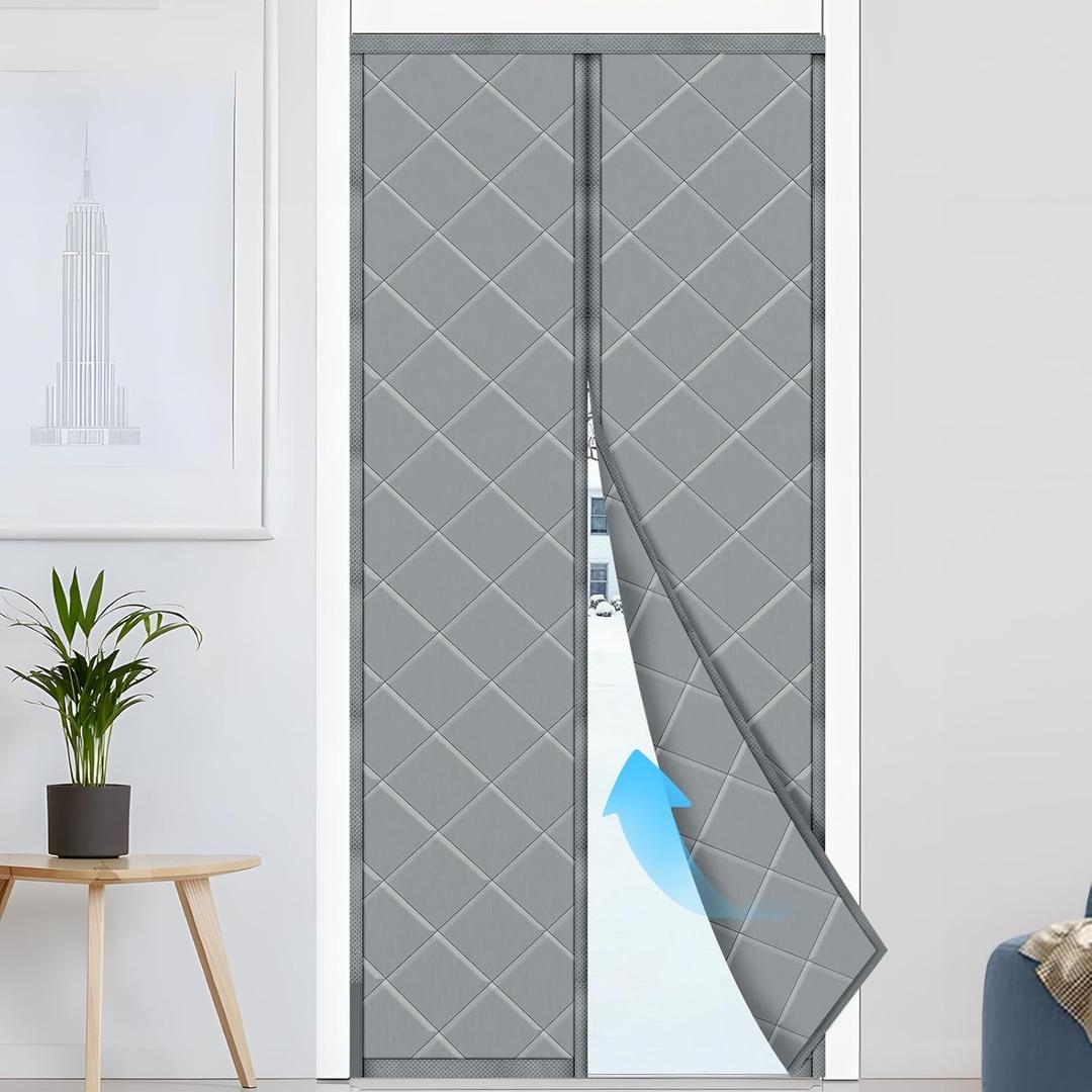 Magnetic Thermal Insulated Door Curtain, Fits Door Size 38" x 82", Thicker Fabric Cloth Filled with Cotton, Soundproof Weatherproof Cover Screen Mesh for Sliding Glass/Front Doors (Gray, 38'' x 82'')