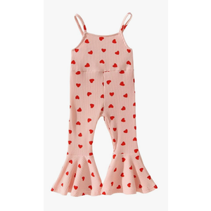 Toddler Baby Girl Valentine's Day Outfits Bell Bottom Romper Love Heart Strap Sleeveless One Piece Jumpsuit
 5-6Y