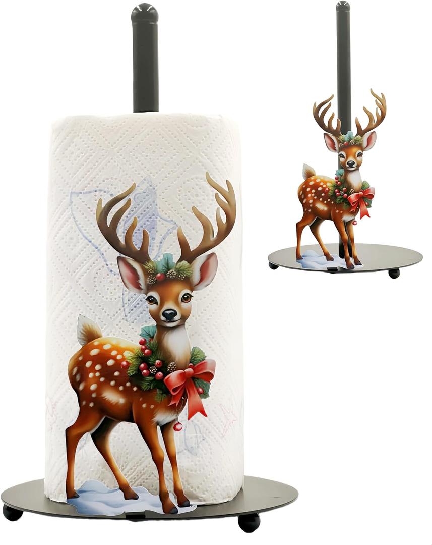Deer Paper Towel Holder, One-Handed Tear Paper Roll Stand with Weighted Base, Freestanding Metal Paper Towel Holders for Kitchen Bathroom, Rustic Cute Deer Decor, Housewarming Gift(1 Pack)