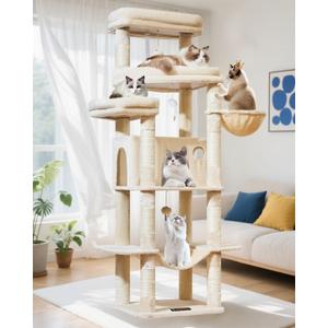 Taoqimiao 71 Inches Cat Tree for Large Cats 20lbs+, 3 Giant Perches, Multi-Level Cat Tree Tower, Widened Cat Condo with 9 Scratching Posts, Luxurious Hammcock & Basket, Beige, MS034M