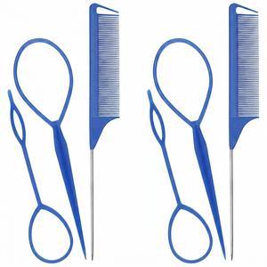 Hair Styling Tool Set - 6 Pack with French Braid Loops, Rat Tail Combs, and More for Versatile Hairstyles, Blue 3 Pack