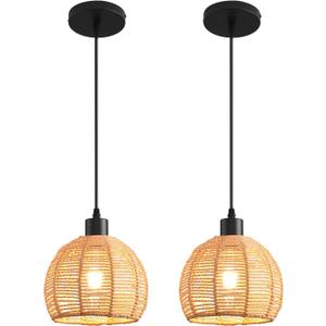 Woven Pendant Light Boho Chandelier, Rattan Pendant Lights Kitchen Island, Farmhouse Pendant Lighting with Hand Woven Wicker Shade, Boho Chandelier Light Fixtures Ceiling Hanging Light