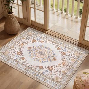 Tangsoo 9x12 Large Area Rug for Living Room, Non Slip Machine Washable Rug for Bedroom, Boho Vintage Beige Neutral Rugs, Soft Low Pile Indoor Floor Carpet Mat for Office Kitchen Farmhouse Home Decor