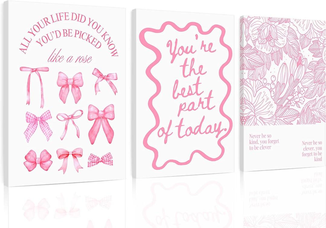 3Pcs Pink Inspirational Bow Wall Art Preppy Motivational Quotes Canvas, 16x24in