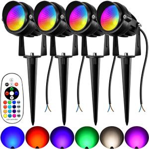 RGBW Landscape Light Outdoor,10W Color Changing Low Voltage Landscape Lighting with Remote Control,12V-24V Waterproof Outdoor Spot Lights with Connectors for Yard House Garden Tree(4 Pack)